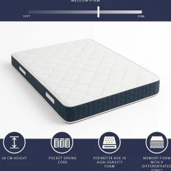 The White Stone Matelas 180x200cm, Hauteur 30 cm, avec Ressorts Ensachés et Memory Foam
