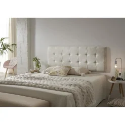 Tête de lit 135 Capitone Damier Tissu Anti-Tache 152x57x5cm Effet Granit Blanc Casssé. ECCOX