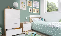 Tête de lit Aleangy, Table de chevet à deux tiroirs avec tête de lit pour lit simple de 90 cm, 100h50 cm, Chêne et Blanc