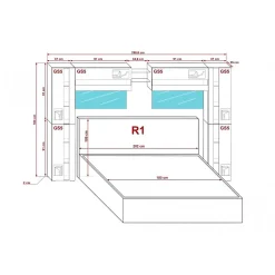 Tête de lit avec rangement Armoire - pont de lit PANAMA 14/HG/B/1-1C noir/noir brillant 290x184x35cm