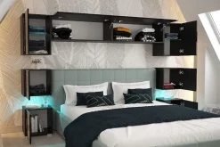 Tête de lit avec rangement Armoire - pont de lit PANAMA 13/HG/B/1-1A noir/noir brillant 256x182x35cm