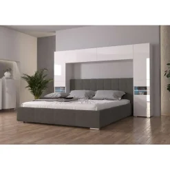 Tête de lit avec rangement Armoire - pont de lit PANAMA 12HG/W/2-1B blanc/blanc brillant 240x184x35cm