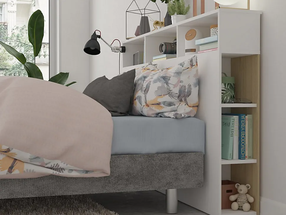 Tête de lit avec rangements NASTIA - 160 cm - Blanc et chêne