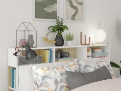 Tête de lit avec rangements NASTIA - 160 cm - Blanc et chêne