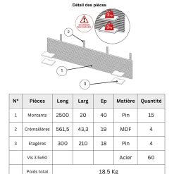 Tête de lit en pin avec étagères, L.250 x H.56 cm x P.21 cm