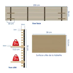 Tête de lit en pin avec étagères, L.250 x H.56 cm x P.21 cm
