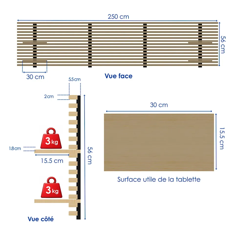 Tête de lit en pin avec étagères, L.250 x H.56 cm x P.21 cm