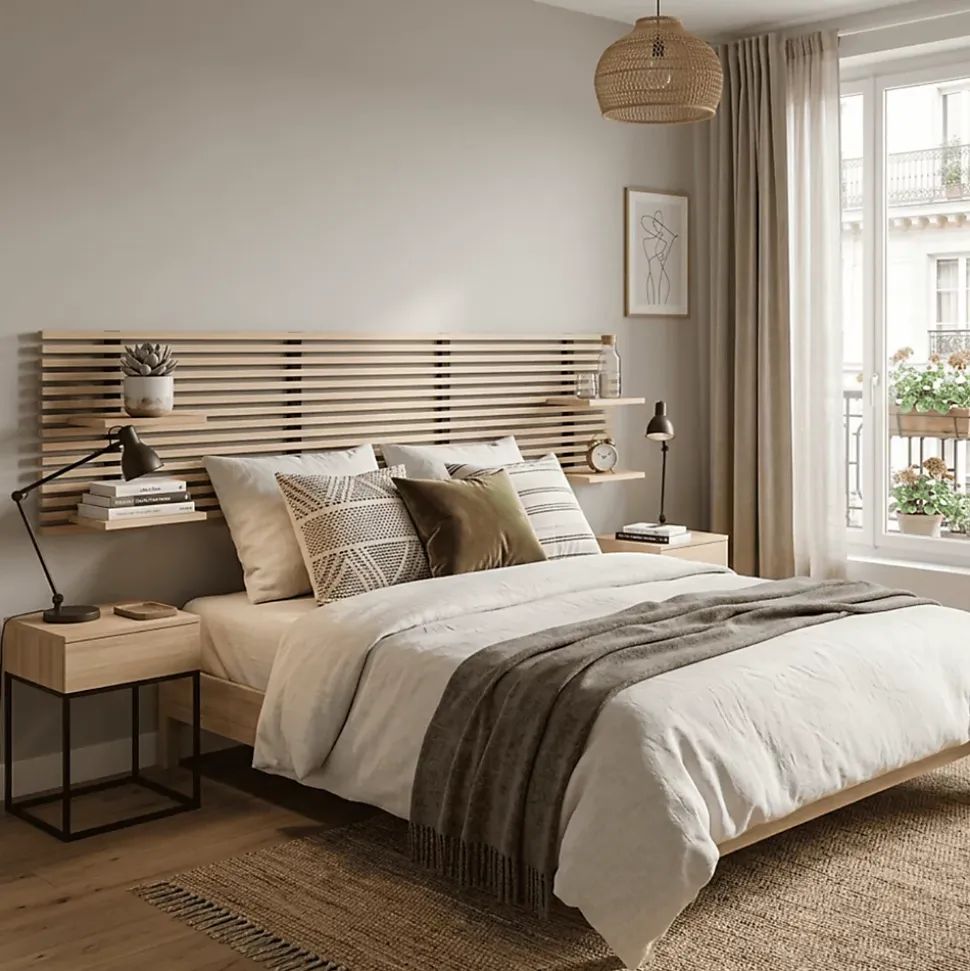 Tête de lit en pin avec étagères, L.250 x H.56 cm x P.21 cm