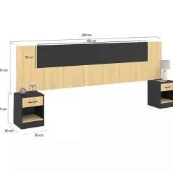 Tête de lit sur pied avec chevets modulables SAPA pour lit 140, 160 ou 180 cm bois et noir