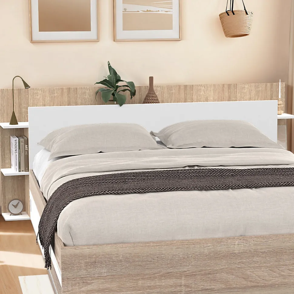 Tête de lit sur pied CIRI pour lit 140 et 160 cm avec rangements blanc et bois