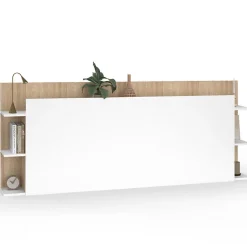 Tête de lit sur pied CIRI pour lit 140 et 160 cm avec rangements blanc et bois