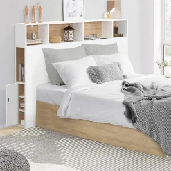 Tête de lit sur pied CLEO 145 cm avec rangements fermés et niches blanc et façon hêtre