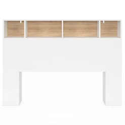 Tête de lit sur pied CLEO 145 cm avec rangements fermés et niches blanc et façon hêtre