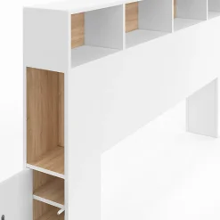 Tête de lit sur pied CLEO 145 cm avec rangements fermés et niches blanc et façon hêtre