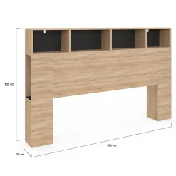 Tête de lit sur pied CLEO 165 cm avec rangements fermés et niches façon hêtre et noir