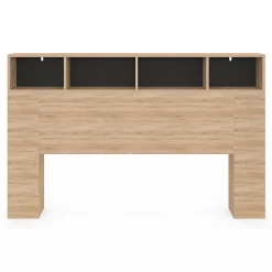 Tête de lit sur pied CLEO 165 cm avec rangements fermés et niches façon hêtre et noir