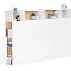 Tête de lit sur pied CLEO 165 cm avec rangements fermés et niches blanc et façon hêtre