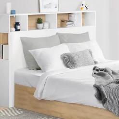 Tête de lit sur pied CLEO 165 cm avec rangements fermés et niches blanc et façon hêtre