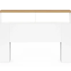 Tête de lit sur pied LUNA à LEDS 145 cm avec rangements fermés et niches blanc et plateau effet bois