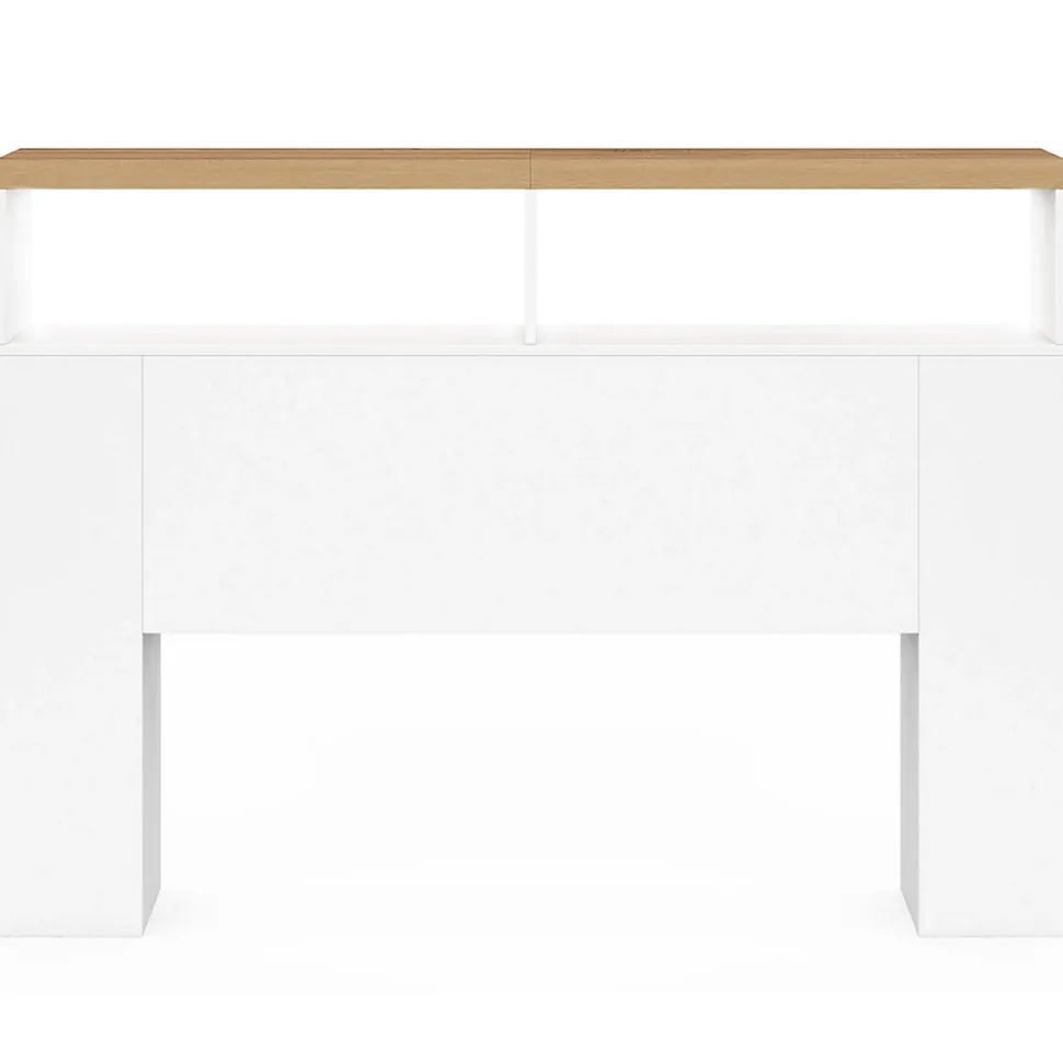 Tête de lit sur pied LUNA à LEDS 145 cm avec rangements fermés et niches blanc et plateau effet bois