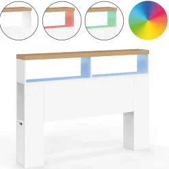 Tête de lit sur pied LUNA à LEDS 145 cm avec rangements fermés et niches blanc et plateau effet bois