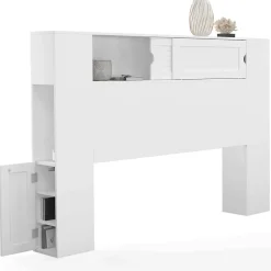 Tête de lit sur pied SALEM 145 cm avec rangements fermés et niches blanc