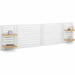 Tête de lit suspendue en lattes AVA 240 cm bois blanc et étagères façon hêtre