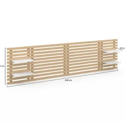 Tête de lit suspendue en lattes AVA 240 cm bois clair et étagères blanches