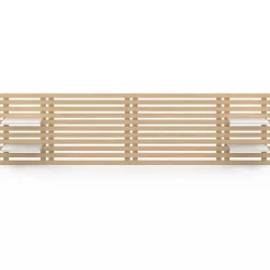 Tête de lit suspendue en lattes AVA 240 cm bois clair et étagères blanches