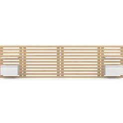 Tête de lit suspendue en lattes AVA 240 cm avec chevets + tiroir façon bois clair et blanc