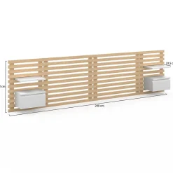 Tête de lit suspendue en lattes AVA 240 cm avec chevets + tiroir façon bois clair et blanc