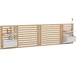 Tête de lit suspendue en lattes AVA 240 cm avec chevets + tiroir façon bois clair et blanc