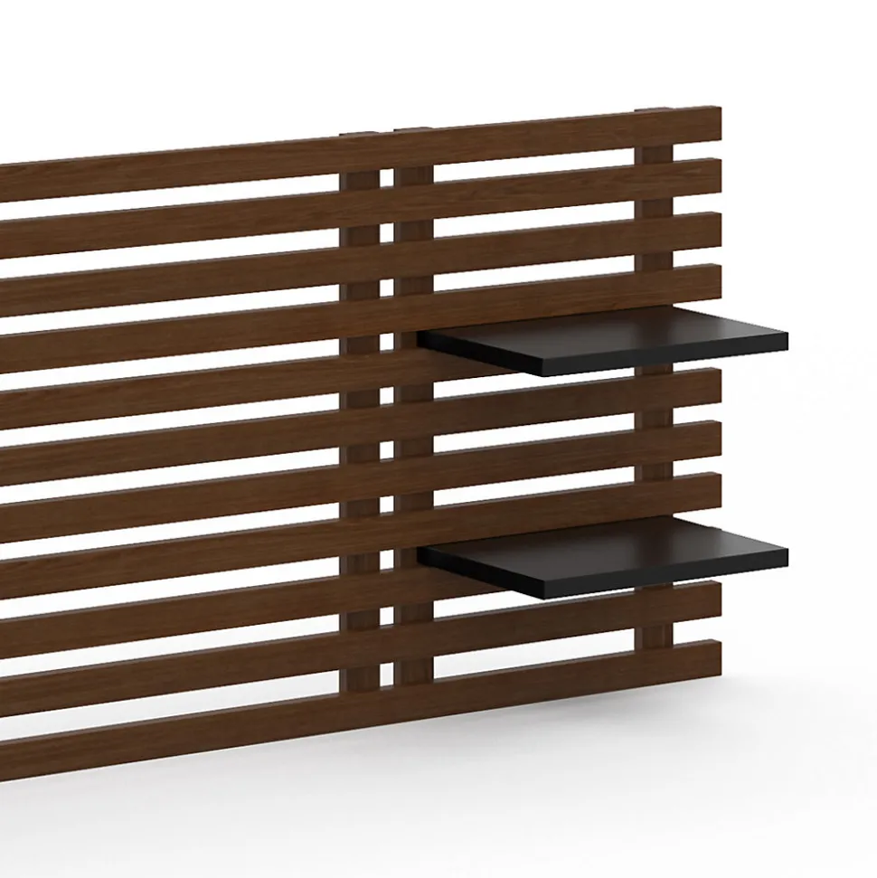 Tête de lit suspendue en lattes AVA 240 cm bois vieilli et étagères noires