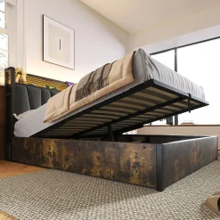 URBAN MEUBLE Lit double tissu gris avec éclairage LED et rangement 140x200cm