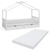 Vitalispa Lit cabane Blanc 90x200 cm avec 2 tiroirs et matelas