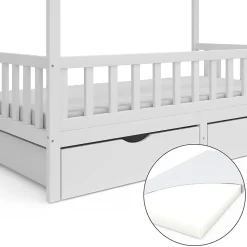 Vitalispa Lit cabane Blanc 90x200 cm avec 2 tiroirs et matelas