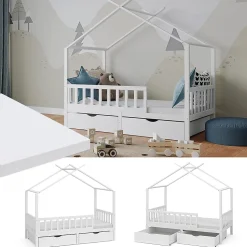 Vitalispa Lit cabane Blanc 80x160 cm avec 2 tiroirs et matelas