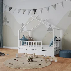 Vitalispa Lit cabane Blanc 80x160 cm avec 2 tiroirs et matelas