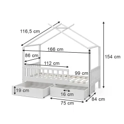 Vitalispa Lit cabane Blanc 80x160 cm avec 2 tiroirs et matelas