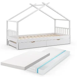Vitalispa Lit cabane Blanc 90x200 cm avec lit dappoint et 2 matelas