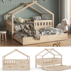 Vitalispa Lit cabane Naturel bois 80x160 cm avec lit dappoint