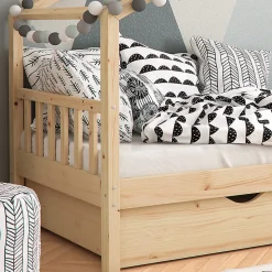 Vitalispa Lit cabane Naturel bois 90x200 cm avec 2 tiroirs et matelas
