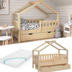 Vitalispa Lit cabane Naturel bois 70x140 cm avec tiroir et matelas