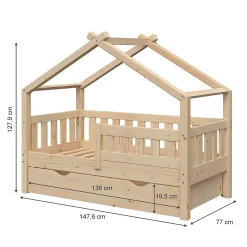 Vitalispa Lit cabane Naturel bois 70x140 cm avec tiroir et matelas