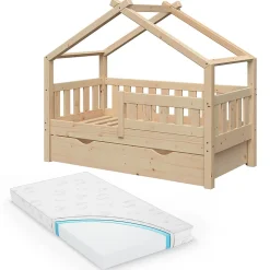 Vitalispa Lit cabane Naturel bois 70x140 cm avec tiroir et matelas