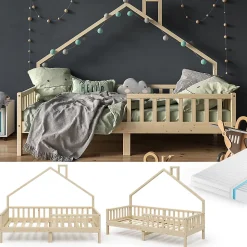 Vitalispa Lit cabane Naturel bois 90x200 cm avec matelas