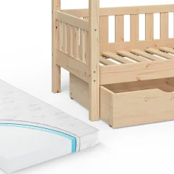 Vitalispa Lit cabane Naturel bois 80x160 cm avec 2 tiroirs et matelas