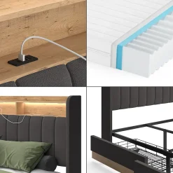 Vitalispa Lit rembourré Anthracite 180x200 cm avec matelas