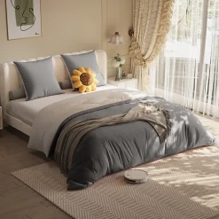 140X200 Parure de lit 4 pièces, lit double, grand lit, 1 housse de couette, 1 drap-housse et 2 taies d'oreiller,gris