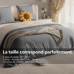 140X200 Parure de lit 4 pièces, lit double, grand lit, 1 housse de couette, 1 drap-housse et 2 taies d'oreiller,gris